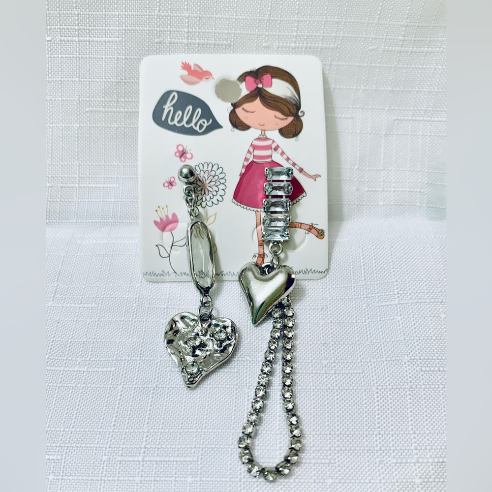 Silver Heart Earrings with Rhinestone Chains